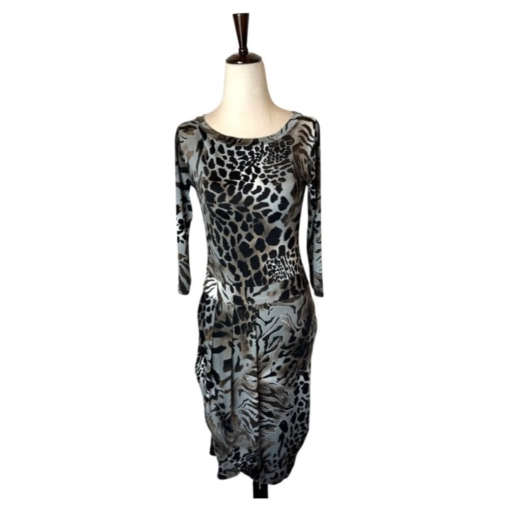 Giorgio Armani Dress Women XS Silver Black Jersey Knit Leopard Animal Print Mini